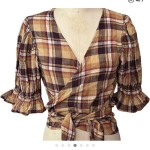 Daughters of India Plaid Wrap Blouse with Ruffle Sleeves